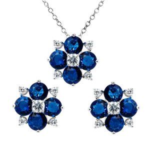 Rhodium Plated 925 Sterling Silver Blue Flower CZ Sets